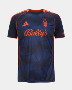 Front view of a navy blue football jersey with bright orange piping, Bally's sponsor text, Adidas logo, and team crest on the chest, plus a geometric pattern.