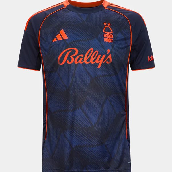 Front view of a navy blue football jersey with bright orange piping, Bally's sponsor text, Adidas logo, and team crest on the chest, plus a geometric pattern.