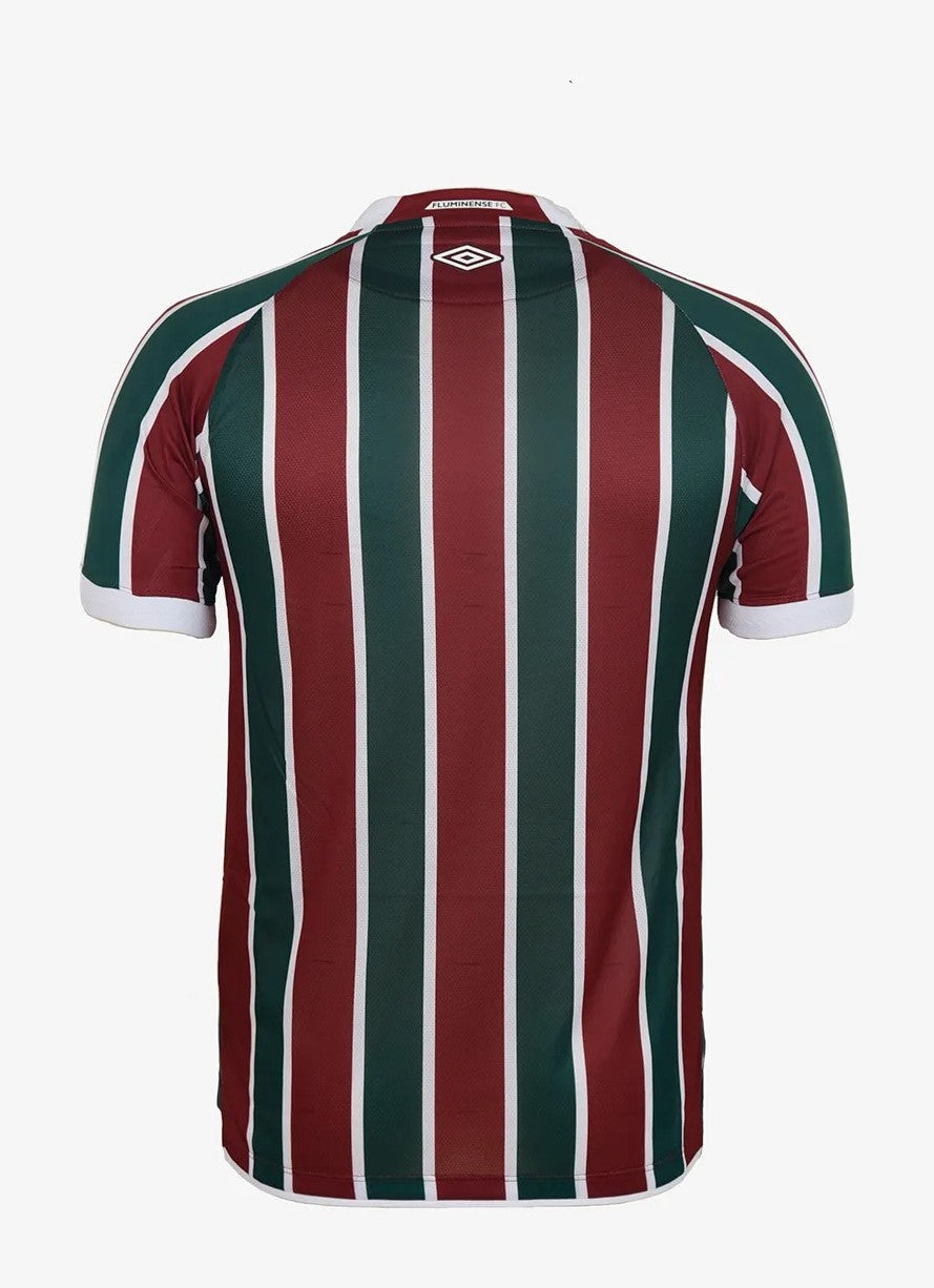 TnYZMgelD7XImna | UAE SPORT STORE Back view of a maroon, green, and white vertical striped football jersey with the Umbro logo at the neckline.