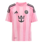 Pink striped Adidas soccer jersey with short sleeves and black crest on the chest, front view.