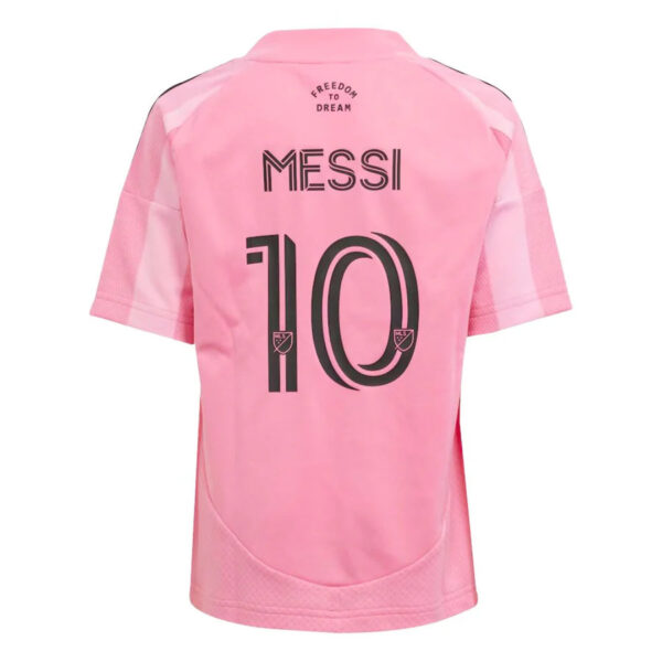 Pink soccer jersey back view with ‘MESSI’ and the number 10.”