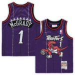 Purple Toronto Raptors basketball jersey featuring McGrady with number 1 (front shows Dino logo; back shows 'MCGRADY')
