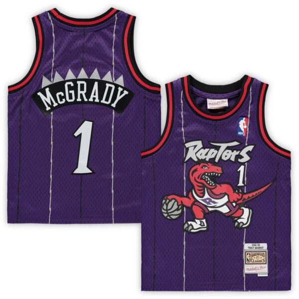 Purple Toronto Raptors basketball jersey featuring McGrady with number 1 (front shows Dino logo; back shows 'MCGRADY')