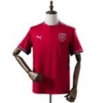 Red football jersey on a mannequin, displaying a white Puma logo and a Welsh national team crest on the chest.