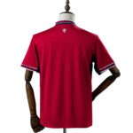 Back view of a red polo shirt on a mannequin, featuring a patterned collar and sleeve trim.