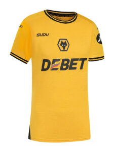 Bright yellow football jersey with black trim and a wolf head crest, featuring the DEBET sponsor across the chest.