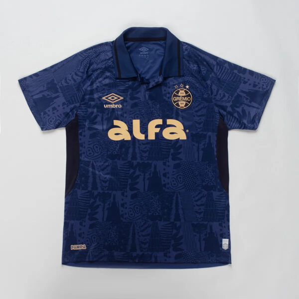 Front view of a navy blue Grêmio soccer jersey with a gold Alfa sponsor, Umbro logo, and club crest, featuring a subtle abstract pattern in dark blue shades.