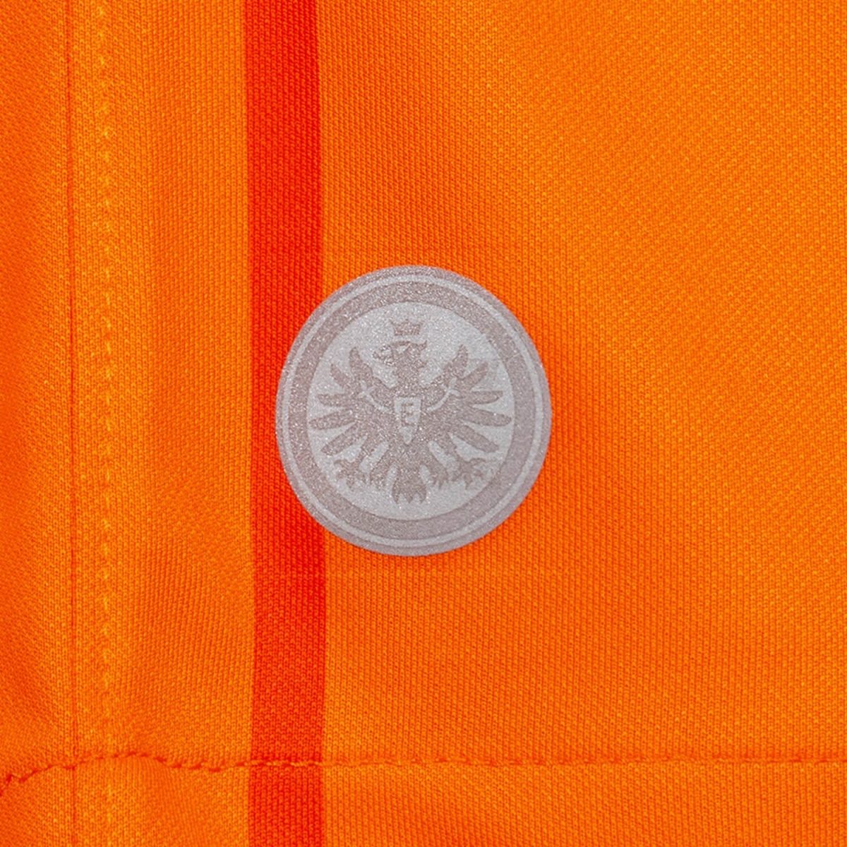 Silver circular badge with a detailed eagle in the center pinned to bright orange fabric.