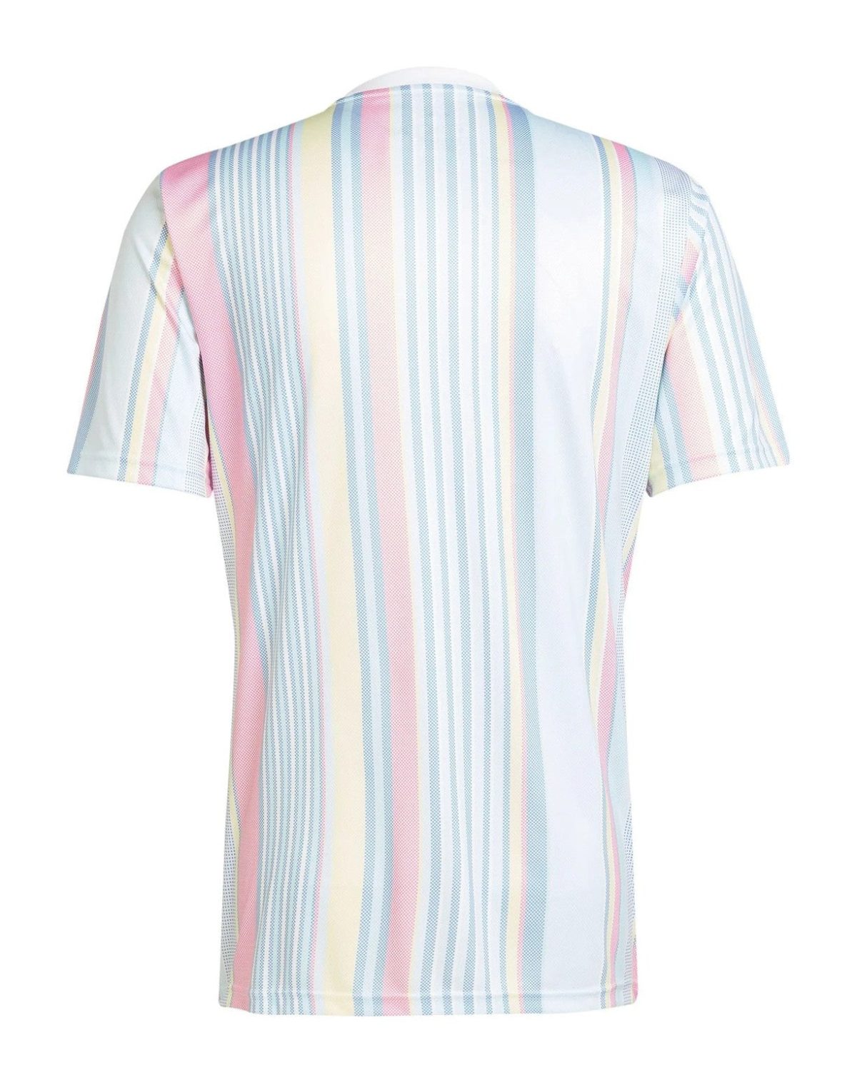 Back view of a pastel-striped short-sleeve shirt with vertical pink, blue, yellow, and white stripes.