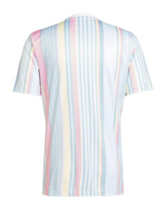 Back view of a pastel-striped short-sleeve shirt with vertical pink, blue, yellow, and white stripes.