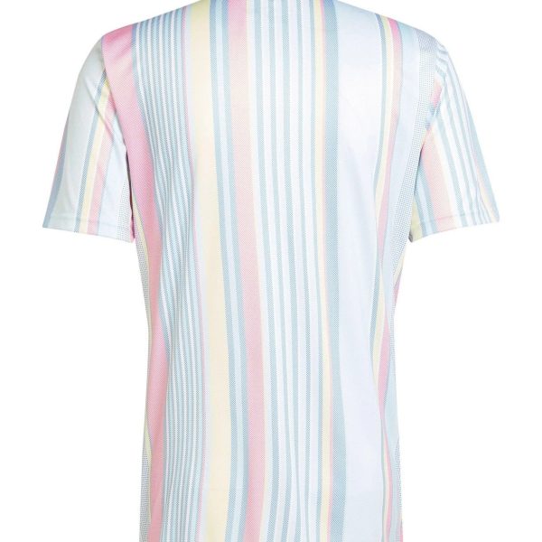 Back view of a pastel-striped short-sleeve shirt with vertical pink, blue, yellow, and white stripes.