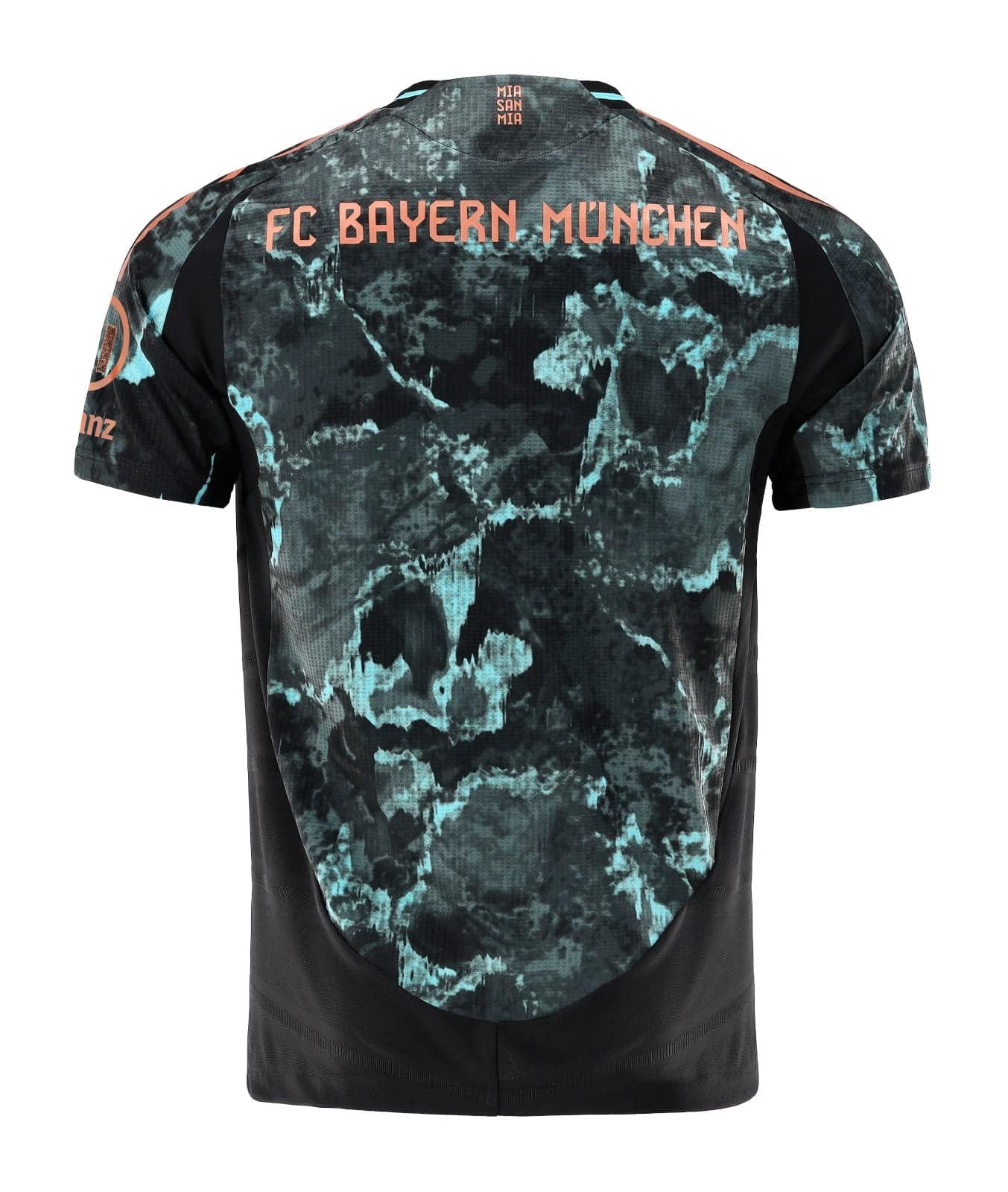 USWWSi6Q5S08kh9 | UAE SPORT STORE Back view of a teal and black tie-dye FC Bayern München jersey with orange lettering across the shoulders (FC BAYERN MÜNCHEN).