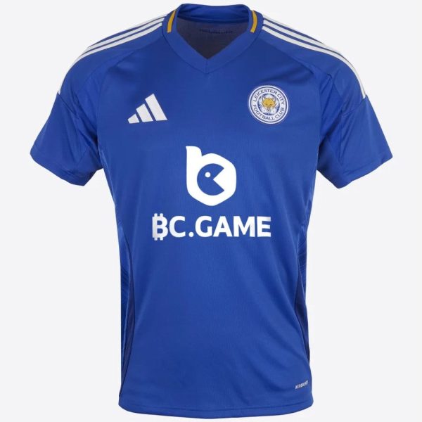 Blue Leicester City Football Club jersey with crest, Adidas stripes on shoulders, and BC.GAME sponsor logo.