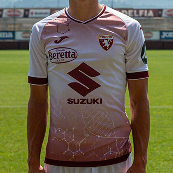 Soccer player torso in a white Torino FC jersey on a sunny field, showcasing Suzuki and Beretta logos and club crest.