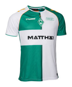 Werder Bremen home football jersey with green and white color blocks, crest on the left chest and MATTHÄI sponsor across the front.