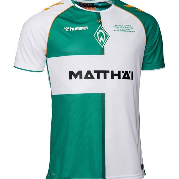 Werder Bremen home football jersey with green and white color blocks, crest on the left chest and MATTHÄI sponsor across the front.