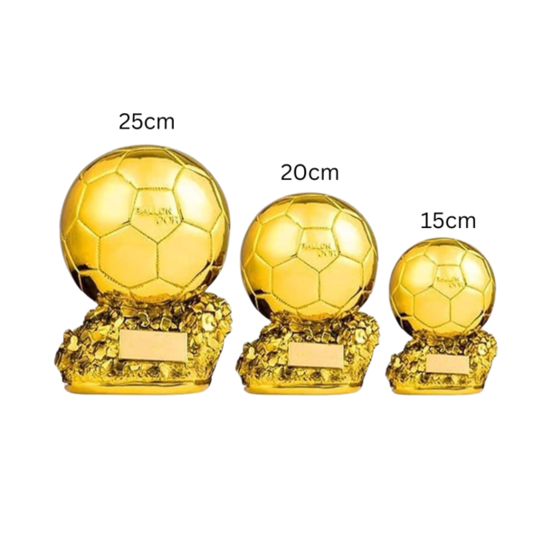 Three gold soccer-ball trophies in sizes 25 cm, 20 cm, and 15 cm from left to right on their bases.