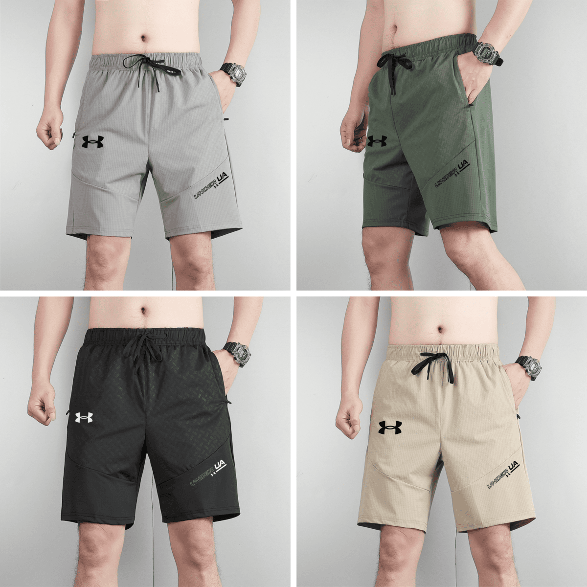 Gray athletic shorts with black drawstring and Under Armour logo on left leg, front view of pair worn by model in collaged image.