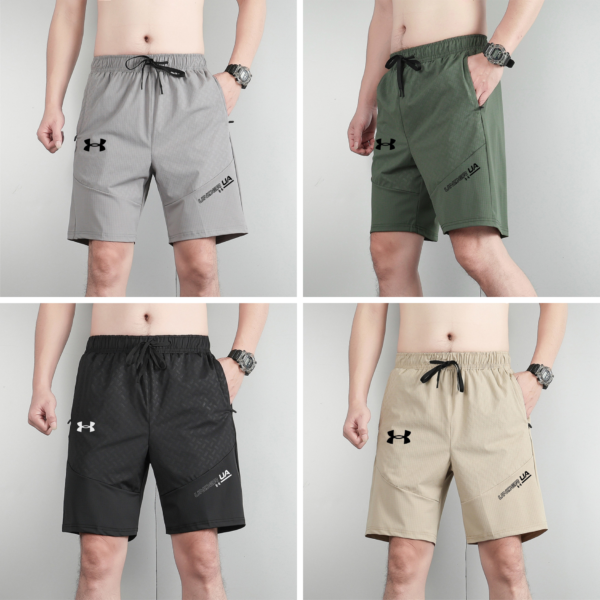 Gray athletic shorts with black drawstring and Under Armour logo on left leg, front view of pair worn by model in collaged image.