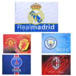 Collage of five football club flags: Real Madrid, Manchester United, Manchester City, Paris Saint-Germain, and AC Milan.