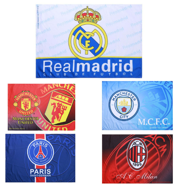 Collage of five football club flags: Real Madrid, Manchester United, Manchester City, Paris Saint-Germain, and AC Milan.