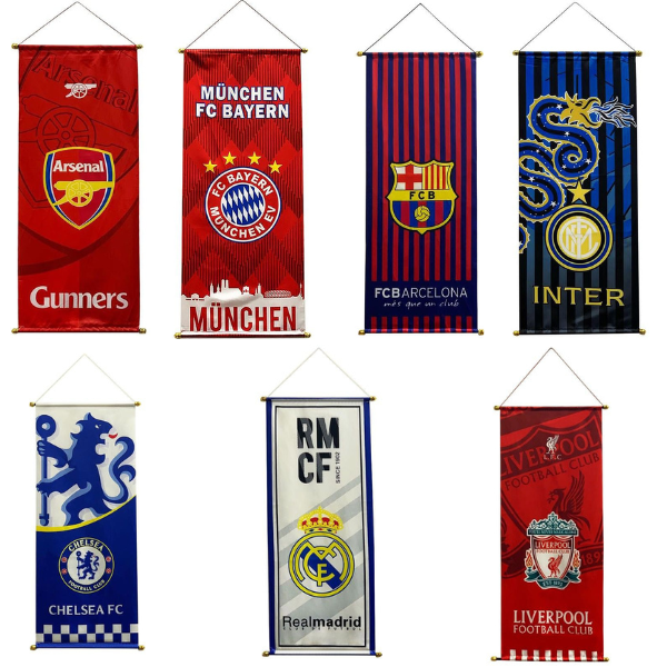 Row of eight vertical football banners showing club crests: Arsenal, Bayern Munich, Barcelona, Inter Milan, Chelsea, Real Madrid, and Liverpool.