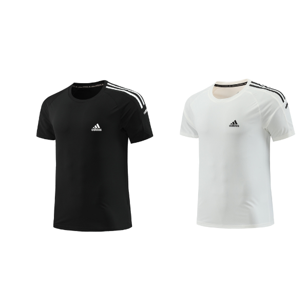 Two Adidas short-sleeve t-shirts, black and white, with three stripes on the shoulders and small Adidas logo on the chest.