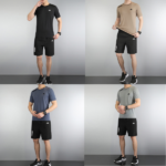 Quadruple product shot: four men modeling Adidas training outfits in black, tan, blue, and gray tops with black shorts and sneakers on a plain backdrop.