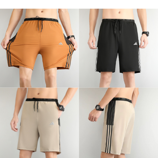 Collage of four men wearing Adidas athletic shorts in orange, black, and beige with side stripes; shows front and side views.