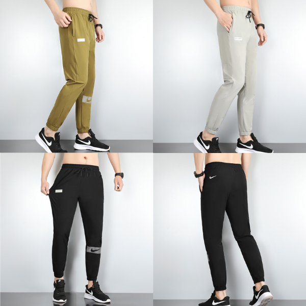 Gallery collage of four men's jogger pants: olive, light gray, and two black styles, each shown with drawstring waist, ankle cuffs, and sneakers.