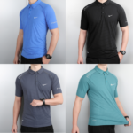 Collage of four men's Nike polo shirts in blue, black, gray, and teal with white swoosh logos.