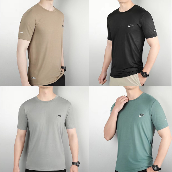 Collage of four men's Nike moisture-wick T-shirts in beige, black, light gray, and teal, worn by models against a light background.