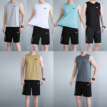 Six-color collage of men's Nike sleeveless training shirts in light gray, white, turquoise, black, khaki, and gray, each worn with black shorts on a model.