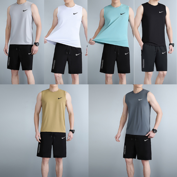 Six-color collage of men's Nike sleeveless training shirts in light gray, white, turquoise, black, khaki, and gray, each worn with black shorts on a model.