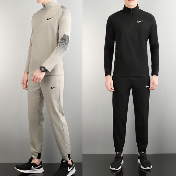 Two models wearing Nike tracksuits: beige-gray set on the left with a hexagonal sleeve pattern and logo, and a black set on the right with a white swoosh.
