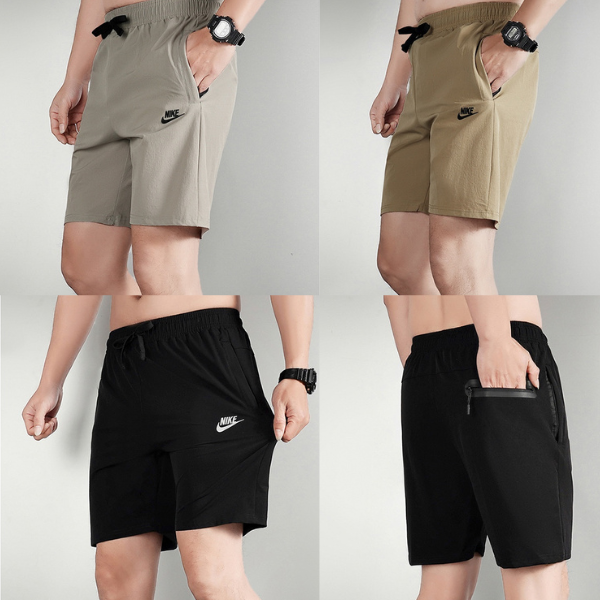 Collage of four Nike men's athletic shorts in gray, taupe, and black; front views show drawstrings and side pockets, back view shows a zip pocket on the right.