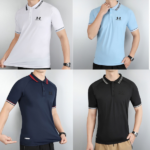 Set of four men's polo shirts in white, light blue, navy, and black displayed on models, each with a small logo on the chest.