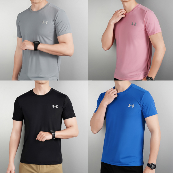 collage of four men's athletic short-sleeve shirts in gray, pink, black, and blue, each with a small Under Armour logo on the chest