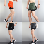 Untitled_design_-_2024-10-04T013135.721 | UAE SPORT STORE Collage showing four color variants of men's athletic running shorts over compression shorts: orange, green, black, and gray.