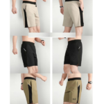 Collage of men's athletic shorts in beige, black, and olive with black side panels; shows front, side, and back views.