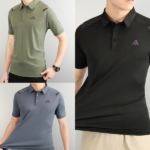 Collage of men's polo shirts in olive green, blue-gray, and black, each with a small left-chest logo.