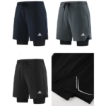 Set of three Adidas athletic shorts in navy, gray, and charcoal, each with black compression liners visible underneath; features Adidas logo on the left leg.