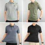 Gray men's polo shirt on a model with short sleeves and a left-chest logo against a neutral background, hands at sides, professional fit basic studio shot