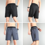 Men's athletic shorts with drawstring waist shown from front and back in black and blue variants, highlighting fit and pockets.