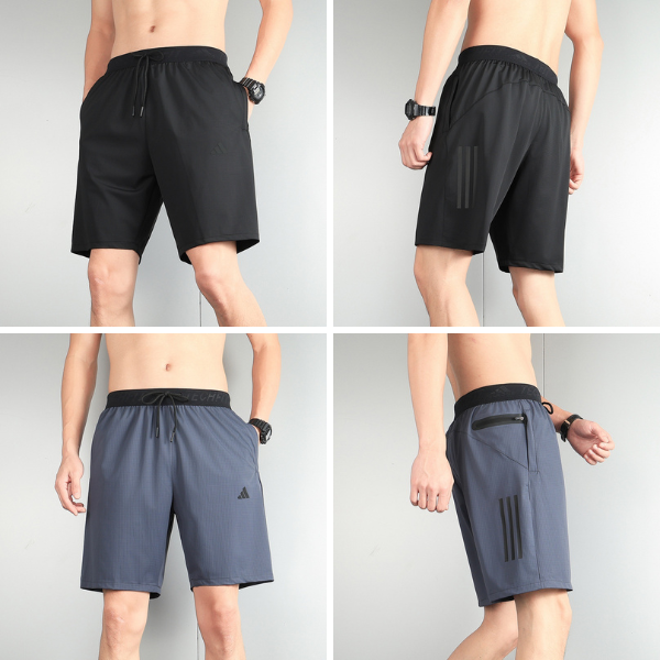 Men's athletic shorts with drawstring waist shown from front and back in black and blue variants, highlighting fit and pockets.