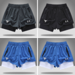 Grid of four athletic shorts (two dark gray/black, two royal blue) with zip pockets and white logos; each pair shows a layered underlayer.