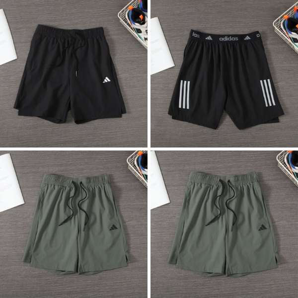 Top-left: black Adidas shorts with a small white logo on a gray surface surface layout.