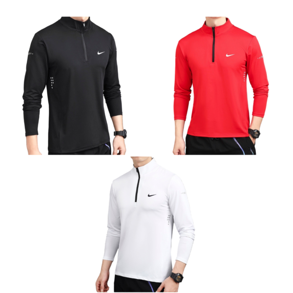 Two models wearing Nike athletic quarter-zip tops: black on the left and red on the right, each with a small white Nike swoosh logo and zip neck details.