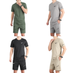 Four men's athletic outfits in green, gray, black, and beige with Nike swoosh and 'JUST DO IT' branding.