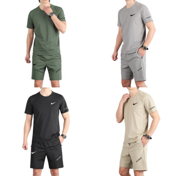 Four men's athletic outfits in green, gray, black, and beige with Nike swoosh and 'JUST DO IT' branding.